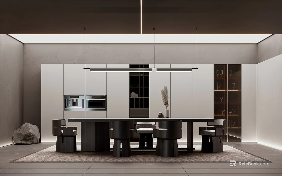 Minimalist Modern Restaurant Interior With Large Table Black Chairs And Pendant Lights 3d model 