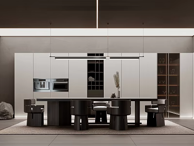 Minimalist Modern Restaurant Interior With Large Table Black Chairs And Pendant Lights 3d model