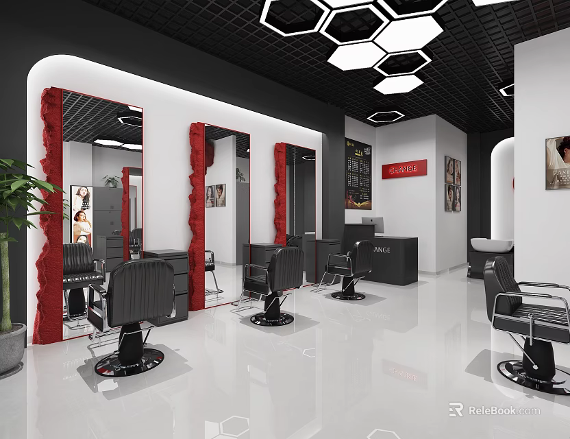 Modern Beauty Hair Salon Interior With Hexagonal Lights Red Mirrors And Barber Chairs 3d model 