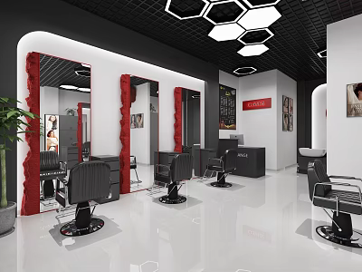 Modern Beauty Hair Salon Interior With Hexagonal Lights Red Mirrors And Barber Chairs 3d model