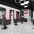 Modern Beauty Hair Salon Interior With Hexagonal Lights Red Mirrors And Barber Chairs