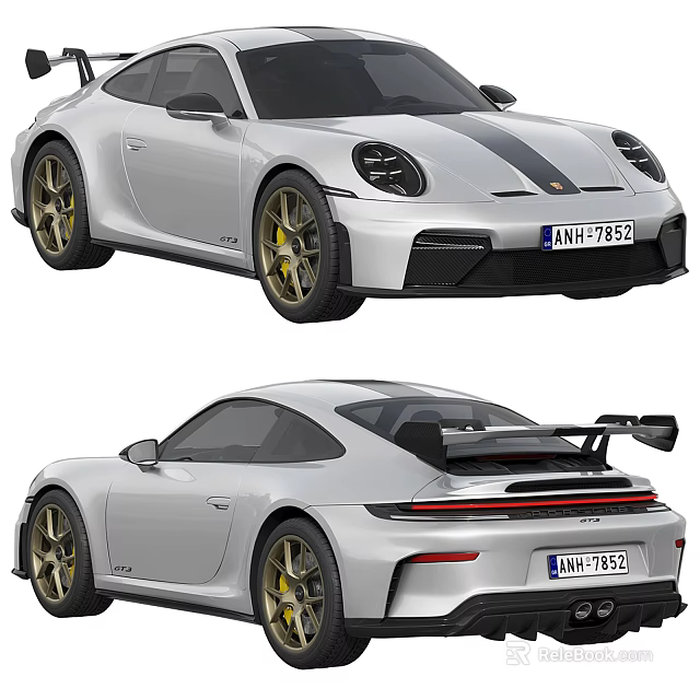Silver Porsche 911 Sports Car With Black Stripes Gold Wheels And Rear Spoiler 3d model 