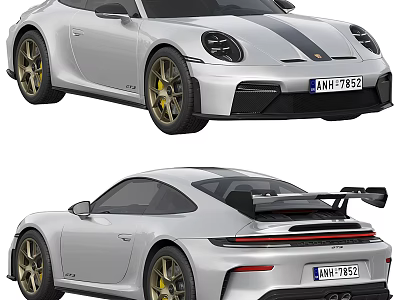 Silver Porsche 911 Sports Car With Black Stripes Gold Wheels And Rear Spoiler 3d model