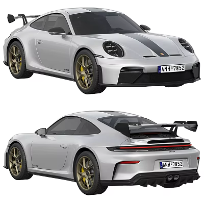 Silver Porsche 911 Sports Car With Black Stripes Gold Wheels And Rear Spoiler 3d model