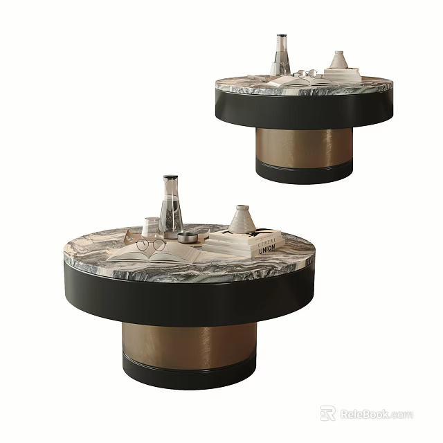 Round Marble Top Coffee Table With Black Beige Base And Decorative Items 3d model