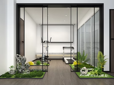 Modern Recreation Room Interior Design With Glass Doors Fitness Equipment And Green Plants 3d model
