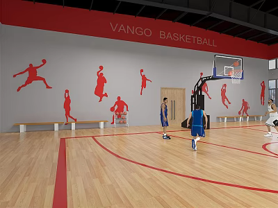Basketball Court Interior With Gray Walls Red Player Silhouettes Wooden Flooring Red Lines And Hoops 3d model