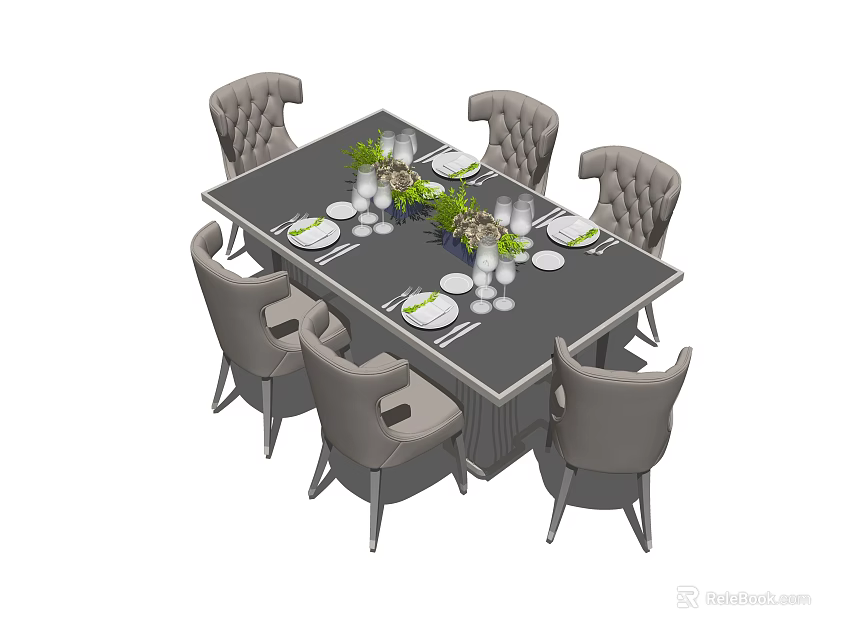 Modern Dining Table Set With Six Upholstered Chairs And Decorative Tableware Plants 3d model