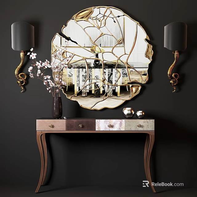 Elegant Entryway Console Table with Round Gold Mirror Vase and Storage Drawers 3d model 