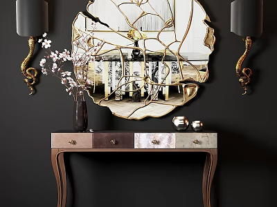 Elegant Entryway Console Table with Round Gold Mirror Vase and Storage Drawers 3d model