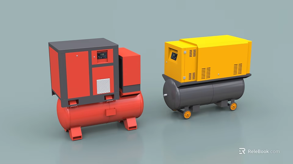 Industrial Air Compressors With Red Yellow Gray Storage Tanks And Control Panels 3d model 