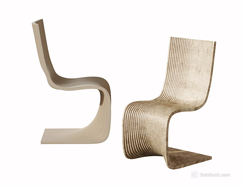 Two Stylish Modern Leisure Chairs With Curved Structure And Striped Wooden Finish 3d model 