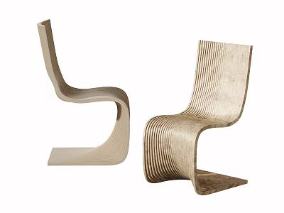 Two Stylish Modern Leisure Chairs With Curved Structure And Striped Wooden Finish 3d model