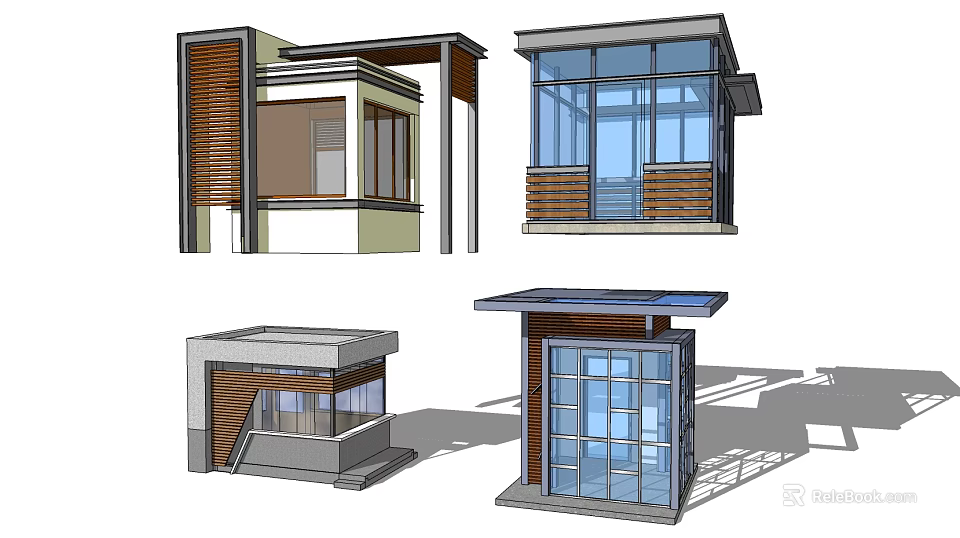 Modern Architectural Structures with Glass Walls Wooden Accents Various Roof Designs Shown in Multiple Angles 3d model 