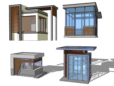 Modern Architectural Structures with Glass Walls Wooden Accents Various Roof Designs Shown in Multiple Angles 3d model