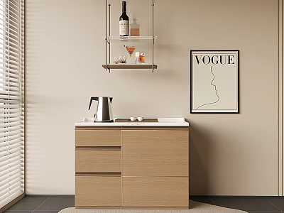 Modern Light Wood Wine Cabinet With Hanging Shelf Wine Bottles Wine Glasses And VOGUE Poster 3d model