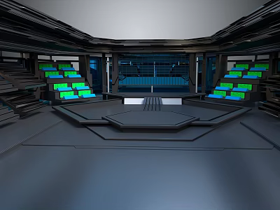 Futuristic Command Center Interior With Tiered Seats Green Screens And Central Platform 3d model