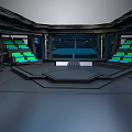 Futuristic Command Center Interior With Tiered Seats Green Screens And Central Platform