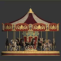 Vintage Carousel with Red White Canopy And Golden Decorated Wooden Horses
