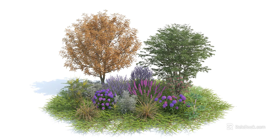 Two Arbor Trees With Orange And Green Leaves Surrounded By Purple Flowers And Green Grass 3d model 
