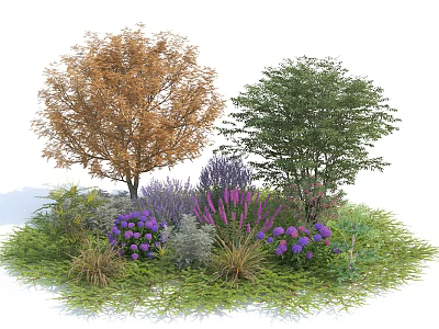 Two Arbor Trees With Orange And Green Leaves Surrounded By Purple Flowers And Green Grass 3d model
