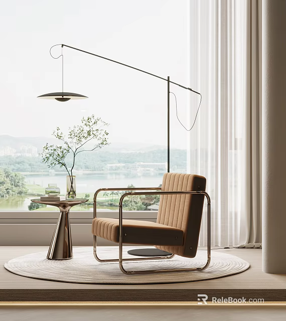 Modern Brown Single Sofa With Metal Frame On Rug By Floor Lamp And Lake View 3d model 