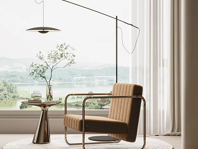 Modern Brown Single Sofa With Metal Frame On Rug By Floor Lamp And Lake View 3d model