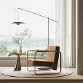 Modern Brown Single Sofa With Metal Frame On Rug By Floor Lamp And Lake View