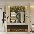 Modern Luxury Bathroom Interior With Bathtub Double Mirrors Green Plant Wall And Wooden Cabinets