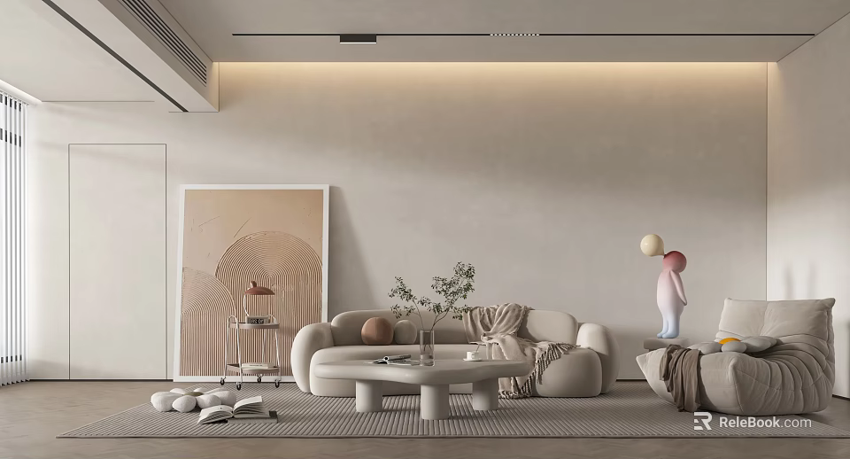 Modern Living Room Interior With Beige Sofa Round Coffee Table Abstract Painting And Decorative Vase 3d model 