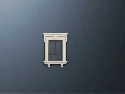 White Casement Window With Decorative Trim And Grid Panes On Dark Blue Wall 3d model
