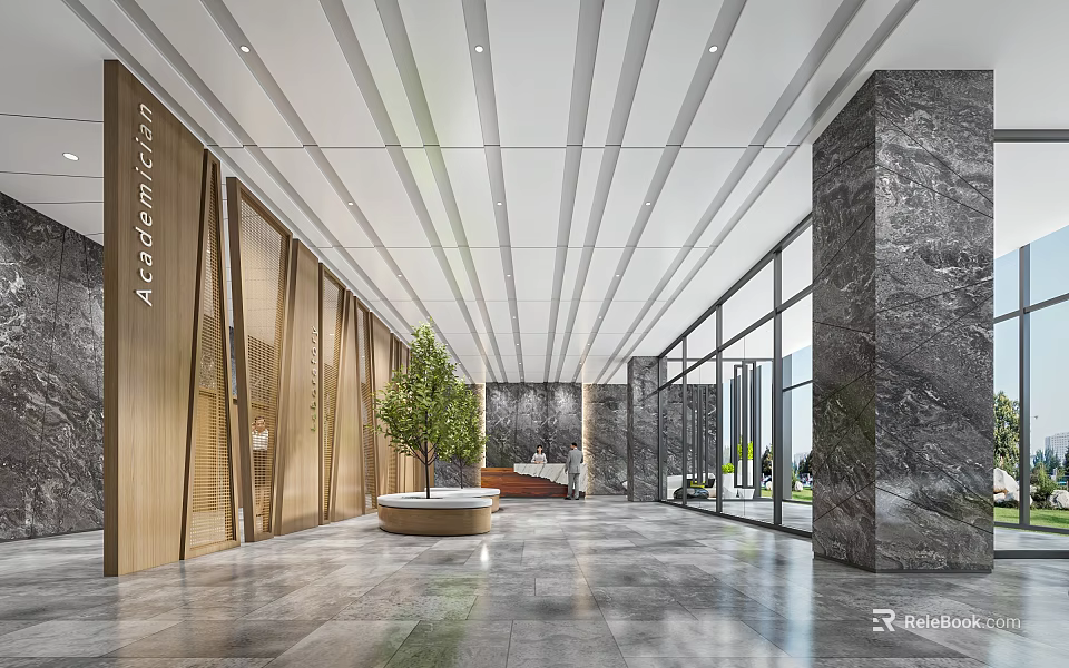 Modern Front Desk Reception Area With Wooden Walls Marble Pillars Large Windows And Green Plant 3d model 