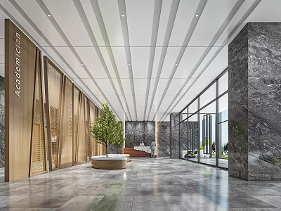 Modern Front Desk Reception Area With Wooden Walls Marble Pillars Large Windows And Green Plant 3d model