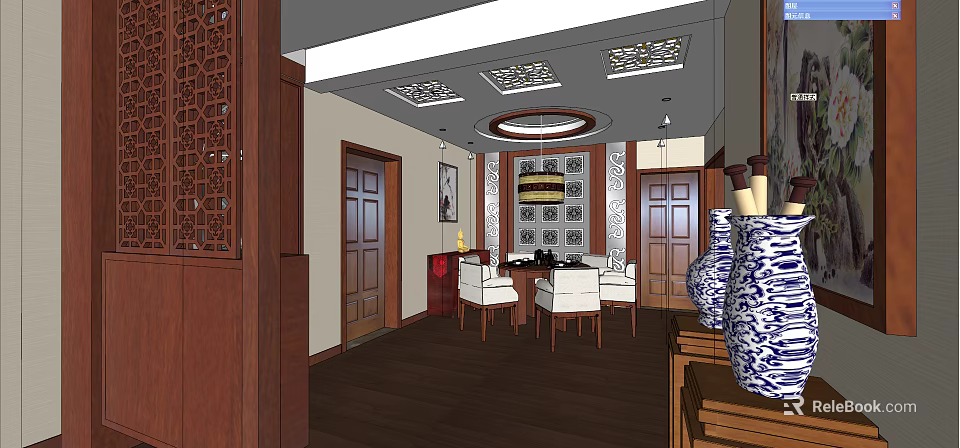Traditional Chinese Private Room With Mahogany Furniture Blue And White Vases And Round Pendant Light 3d model 