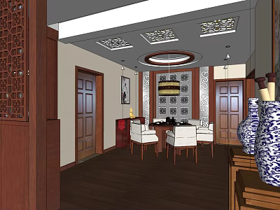 Traditional Chinese Private Room With Mahogany Furniture Blue And White Vases And Round Pendant Light 3d model