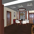 Traditional Chinese Private Room With Mahogany Furniture Blue And White Vases And Round Pendant Light