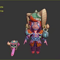 Cartoon Style Character With Orange Hair Blue And Orange Outfit And Small Horned Creature