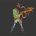 Red Haired Female Archer In Blue Armor Drawing Golden Creature Bow With Glowing Effects