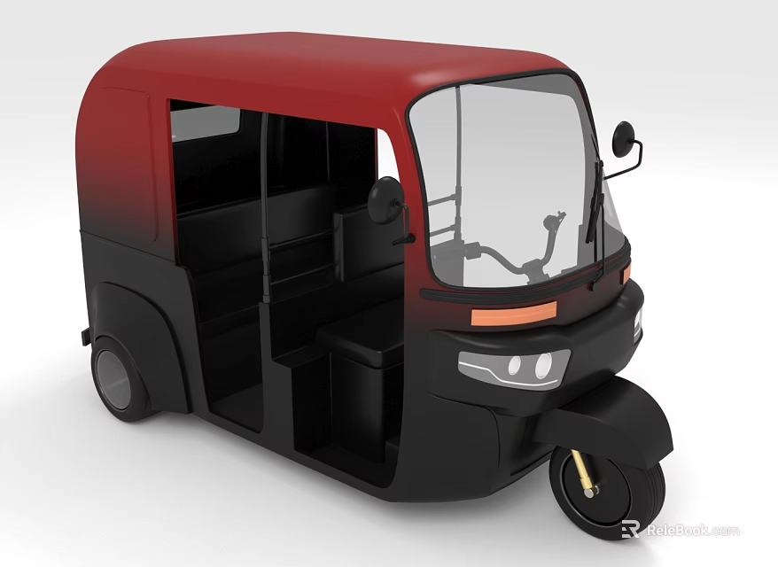 Red And Black Auto Rickshaw With Open Door Windshield And Headlight Design 3d model 