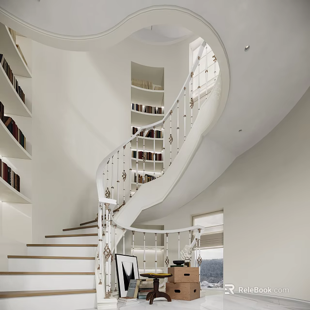 White Spiral Staircase with Bookshelves and Light Colored Walls in Modern Home Interior 3d model 