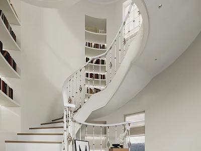 White Spiral Staircase with Bookshelves and Light Colored Walls in Modern Home Interior 3d model