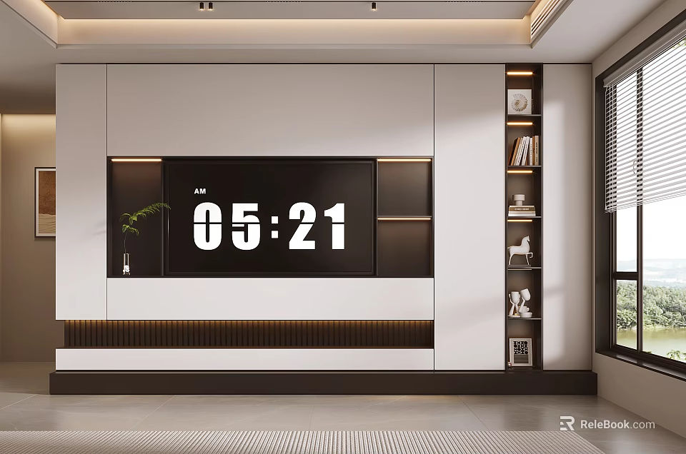 Modern TV Background Wall Interior With White Cabinets Black Accents And Side Bookshelf Decorations 3d model 