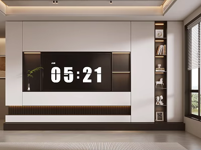 Modern TV Background Wall Interior With White Cabinets Black Accents And Side Bookshelf Decorations 3d model