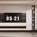 Modern TV Background Wall Interior With White Cabinets Black Accents And Side Bookshelf Decorations
