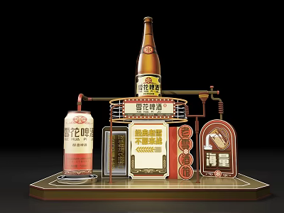 Snow Beer Retro Photo Spot With Vintage Display Stand And Branded Beer Bottles Cans 3d model