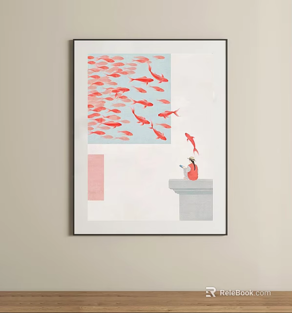 Modern Minimalist Oil Painting With Red Fish Blue Background Figure White Platform Pink Accents 3d model 