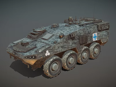 Armored Utility Vehicle with Camouflage Exterior 8x8 Wheeled Design and Red Cross Medical Markings 3d model
