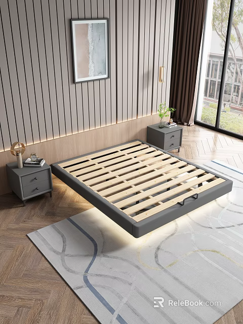 Modern Gray Platform Bed With Wooden Slats Nightstands Striped Wall Window And Rug 3d model 