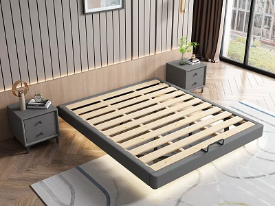 Modern Gray Platform Bed With Wooden Slats Nightstands Striped Wall Window And Rug 3d model