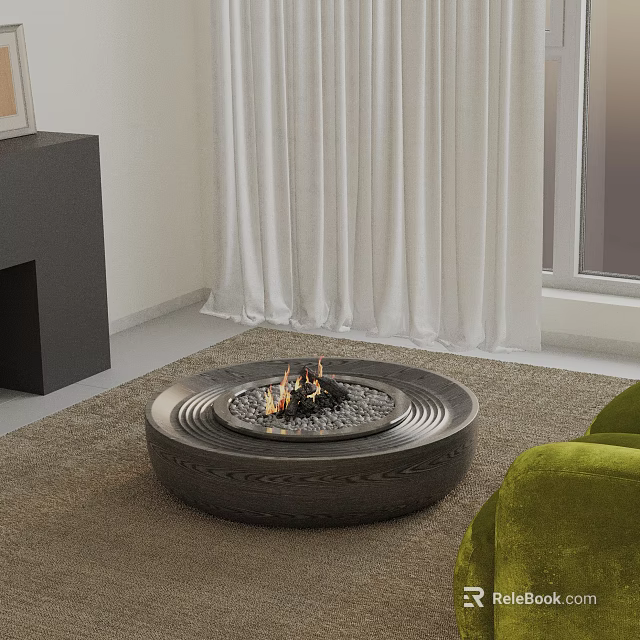 Sofa and Coffee Table Set with Round Fire Pit Table Green Sofa and White Curtains 3d model 